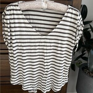 Green Envelope Greyand White Striped V-Neck Top